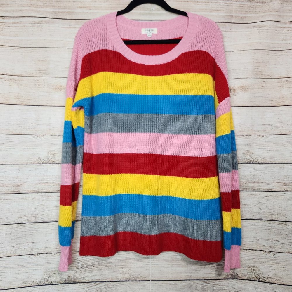 Umgee Women’s Colorful Colorblock Crewneck Sweater Size Small Rainbow Color